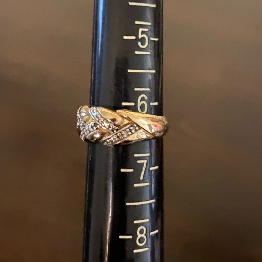 Bold .925 Sterling Silver Gold Vermeil Diamond Chip Band Ring | Size 6.5